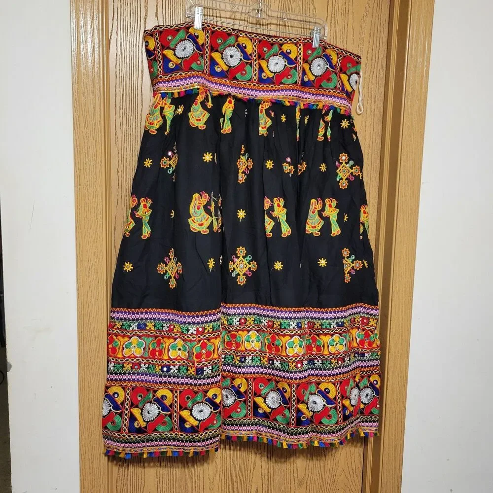 Navrati Garva Skirt Cotton Rayon Semi Merror Work, Embroidered Geometric XL